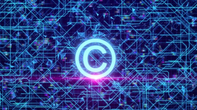 Glowing Blue Copyright Symbol Centered On A Dark Blue Background With Complex Digital Circuit Lines And A Plexus Network Of Nodes. Features Vibrant Pink Lens Flare And Colorful Pixelated Data Blocks F