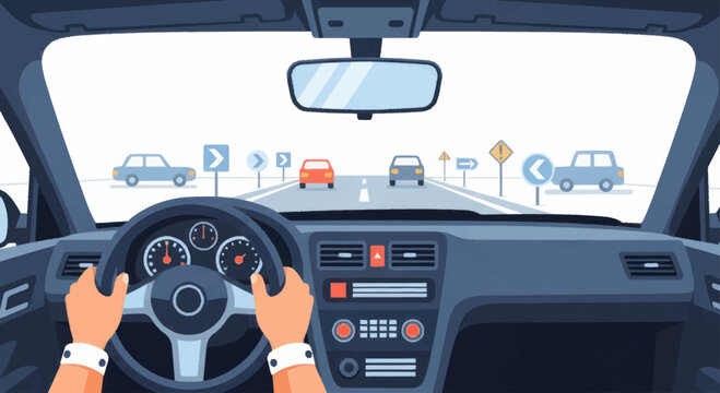Hands on steering wheel driving.