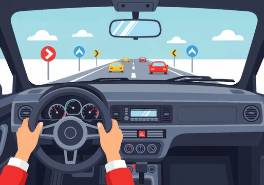 Hands on steering wheel driving.
