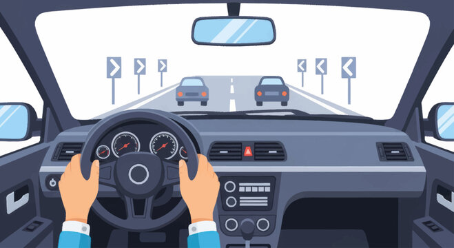 Hands on steering wheel driving.