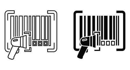 Obraz premium Barcode scanner icon set showing handheld laser reader scanning product code lines for retail inventory management and logistics tracking systems