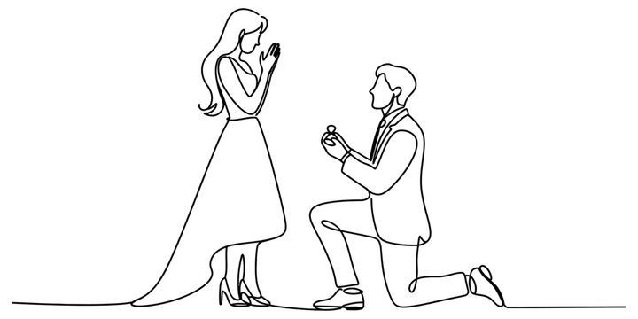 Continuous line drawing of a romantic man kneeling down proposing to a woman with a ring. Vector, illustration