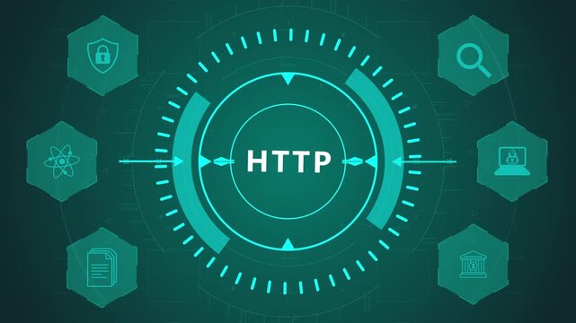HTTP Protocol Network Interface with Circular Digital System and Web Communication Icons on Dark Technology Background Representing Data Transfer Request Flow