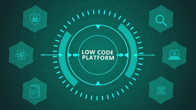 Low Code Platform Development Interface with Circular Digital System and Application Icons on Dark Technology Background Representing Simplified Coding Workflow