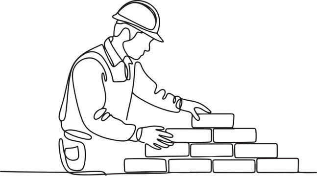 Continuous one line art of repairman building brick wall. Construction worker in uniform and helmet doing work.one line drawing vector illustration
