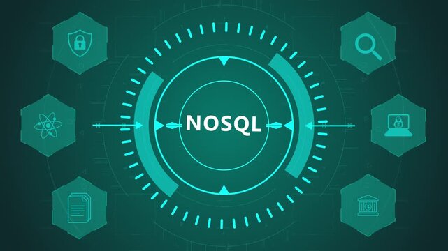 NoSQL Database System Interface with Circular Digital Storage Design and Data Icons on Dark Technology Background Representing Flexible Data Management