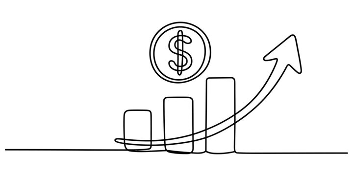 Continuous line drawing of financial growth chart with bar graph dollar coin and upward arrow. Vector, illustration