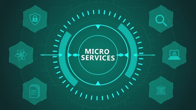 Microservices Architecture Interface with Circular Digital System and Service Icons on Dark Technology Background Representing Distributed Application Structure