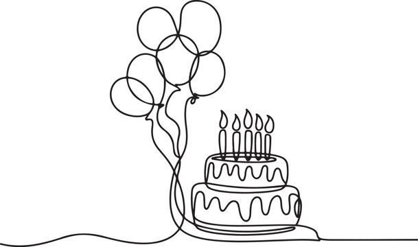 Continuous line drawing of birthday cake with candle and balloons.one line drawing vector illustration