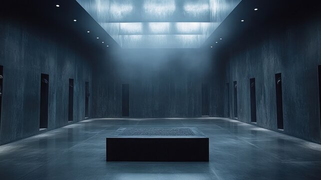 A dark empty room with a rectangular platform in the center under a skylight