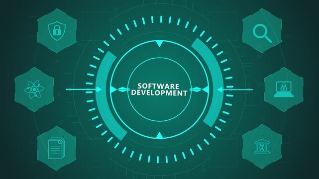 Software Development Process Interface with Circular Coding HUD and Programming Icons on Dark Digital Background Representing Application Creation Workflow