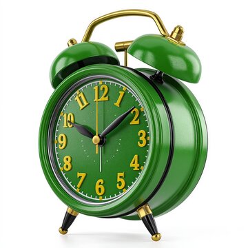 Green alarm clock with yellow numbers, sitting on white surface.