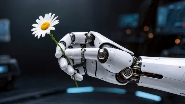 Articulated robotic hand holding a fresh daisy