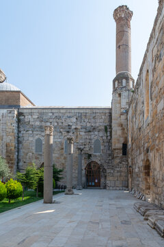 Ancient stone columns inside the courtyard of Isa Bey Mosque in Selcuk, Turkey.