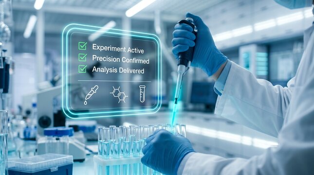 Scientist in lab coat and gloves working with pipette and test tubes in laboratory setting with virtual interface