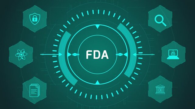 FDA Regulatory Compliance Interface with Circular Digital System and Healthcare Icons on Dark Technology Background Representing Medical Approval Process