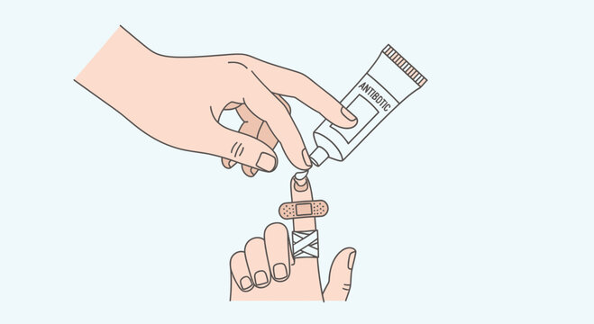 Applying antibiotic ointment to a bandaged finger wound for healing and infection prevention.