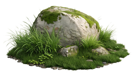 Fototapeta premium Large natural rock surrounded by lush green grass and moss, isolated on transparent background