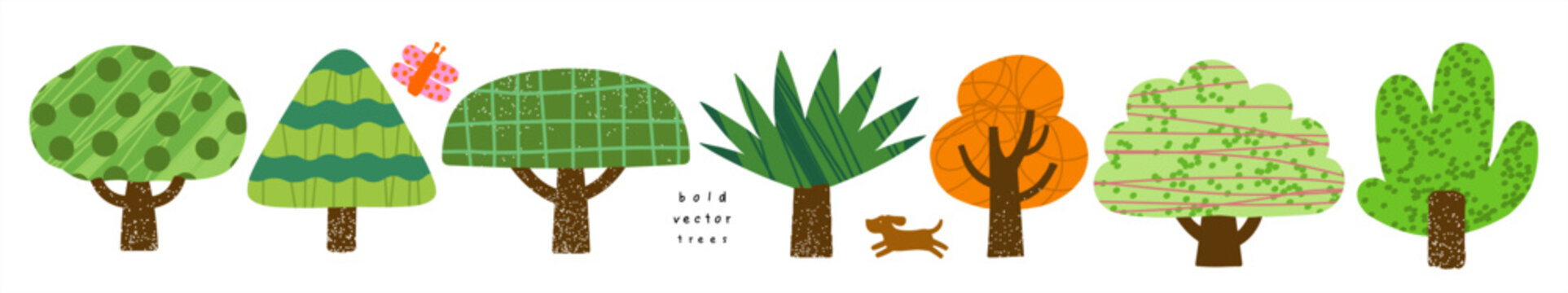 Trees. Vector summer cute stylized isolated illustrations of bold shapes: oak, maple, apple, fir, palm, and forest on a transparent background for icons, postcard, children's print, and card.