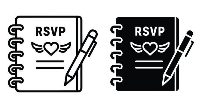 RSVP guestbook icon set with spiral notebook pen and winged heart symbol for wedding invitation response and event planning management