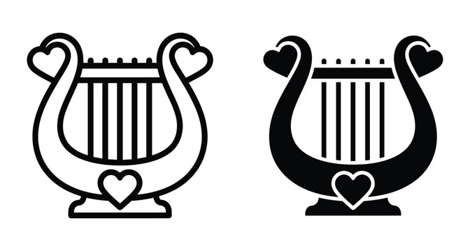 Lyre harp musical instrument icon set with heart shapes for romantic melody classical music symbol outline and solid black silhouette