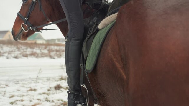 Rider mounts safely. Horse lesson showcasing proper and safe mounting techniques demonstration. Student calmly demonstrates appropriate and secure methods of horse mounting during lesson