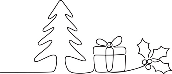 Continuous line drawing christmas tree, gift box, holly berry leaves. Concept of Christmas.one line drawing vector illustration © alimon