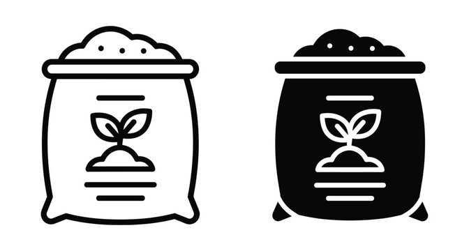 Fertilizer bag icon set showing soil sack with plant sprout symbol for gardening agriculture farming compost organic growth and nature sustainability