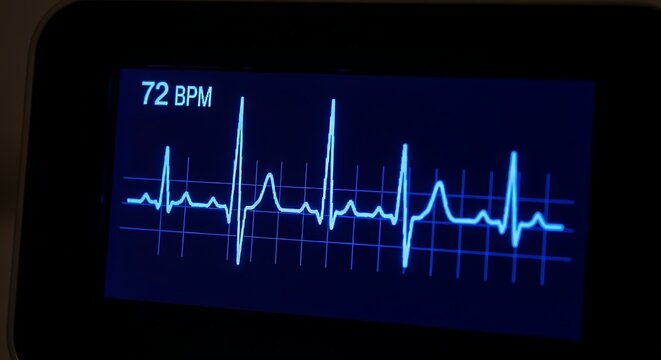 Blue EKG monitor displays heart rhythm and 72 BPM