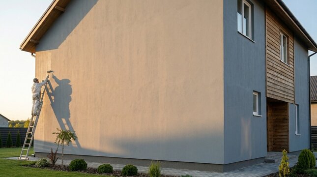 Painter on a ladder painting house wall with massive copy space
