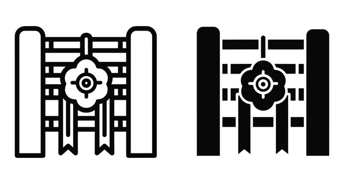 Japanese traditional fence icon set with floral crest and ribbons in outline and solid glyph styles for cultural design projects
