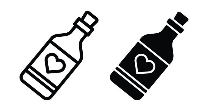 Love potion bottle icon set with heart label in outline and solid black style for romantic wedding or valentine design