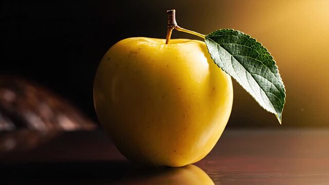 Golden Apple on Dark Wooden Table with Green Leaf