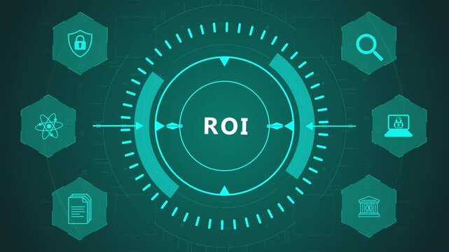 ROI Return on Investment Interface with Circular Financial HUD and Profit Analysis Icons on Dark Digital Background Representing Business Performance Metrics