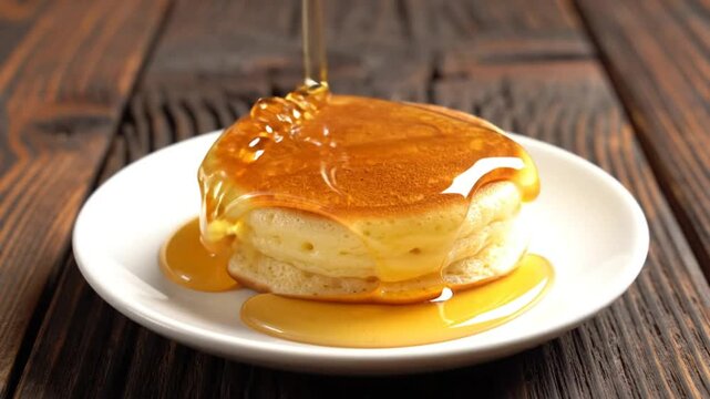 Delicious fluffy pancakes stacked on a white plate with golden syrup cascading over them and pooling on the surface