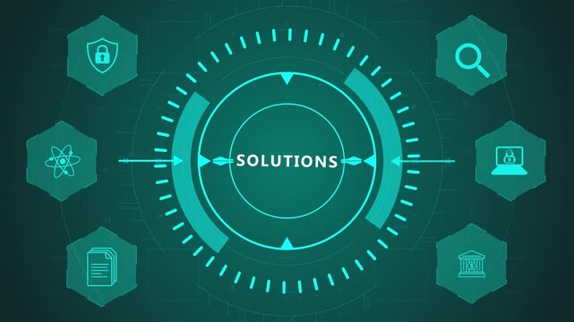 Solutions Business Concept Interface with Circular Digital System and Strategy Icons on Dark Technology Background Representing Problem Solving and Service Flow