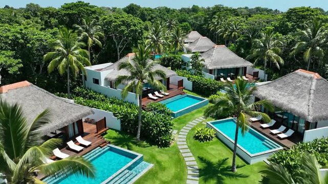 Luxurious tropical resort with private villas featuring pools surrounded by lush greenery under the sunny sky