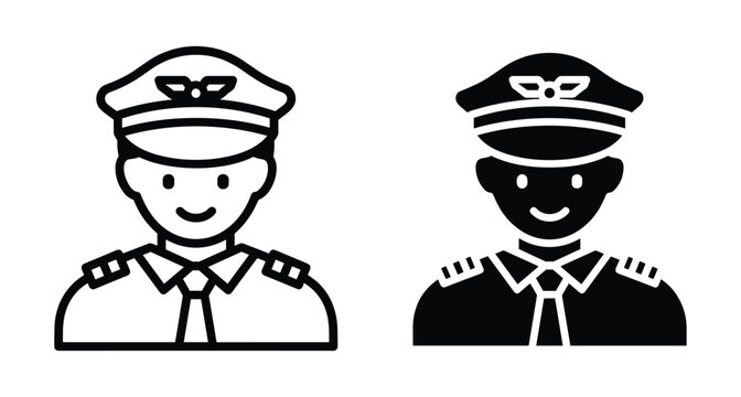 Pilot icon set featuring airline captain in uniform with hat and epaulettes for aviation travel flight and transportation industry design