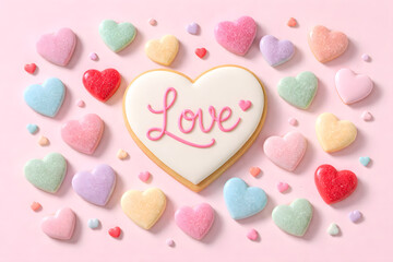 Fototapeta premium White heart cookie surrounded by colorful pastel candy hearts