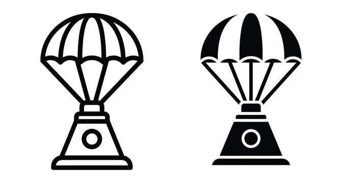Space capsule landing with parachute icon set representing spacecraft reentry module descent for science mission exploration and atmospheric return