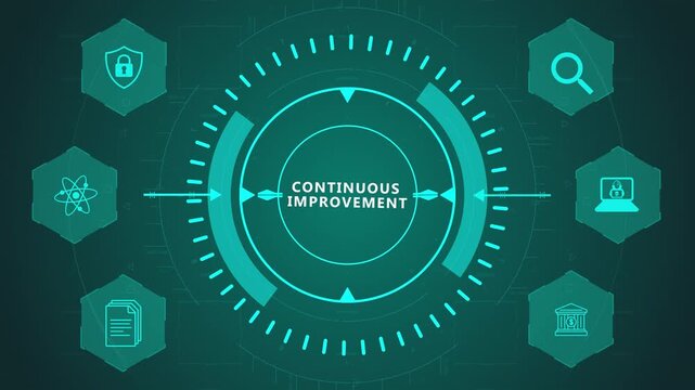 Continuous Improvement Process Interface with Circular Digital System and Optimization Icons on Dark Technology Background Representing Ongoing Performance Enhancement