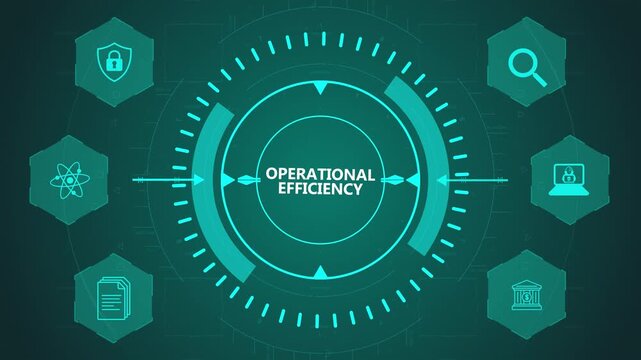 Operational Efficiency System Interface with Circular Digital HUD and Performance Icons on Dark Technology Background Representing Productivity and Resource Optimization