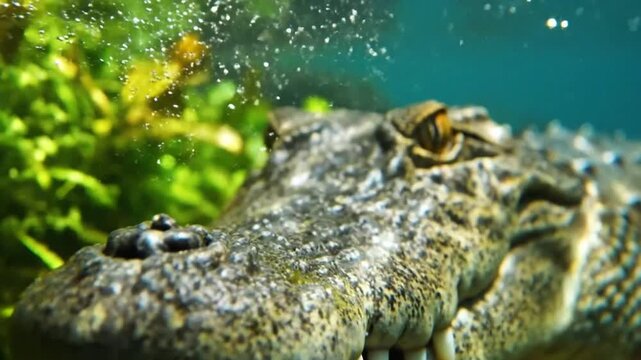 Eye-level underwater view of a crocodile with textured skin, observing its surroundings in a pond, bubbles