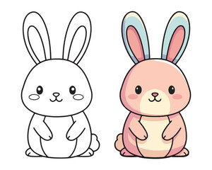 Obraz premium Cute cartoon bunny coloring page for kids with outline and colored version vector clipart.
