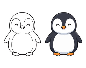Fototapeta premium Cute cartoon penguin outline and colored version for kids coloring book.