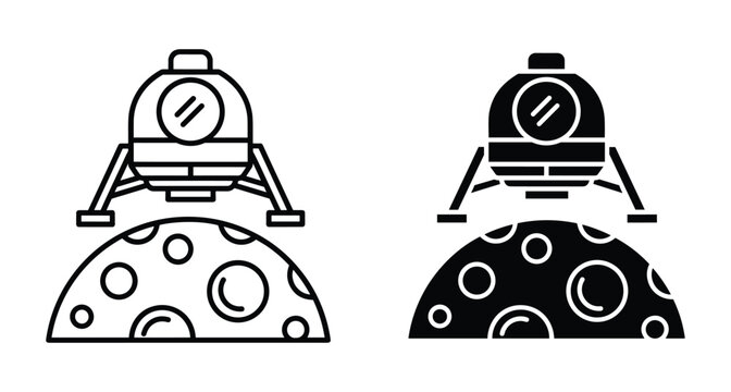 Lunar lander spacecraft landing on moon surface with craters icon set in outline and solid black glyph style for space exploration