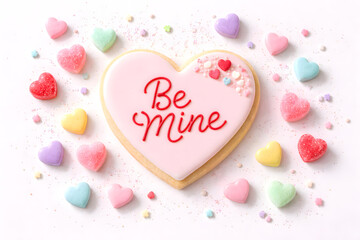 Fototapeta premium Heart shaped sugar cookie decorated with be mine and candy hearts