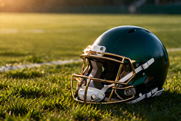 Fototapeta premium Green football helmet resting on grass at sunset
