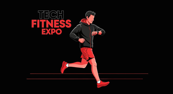 Tech Fitness Expo Featuring Runner Checking Smartwatch In Minimalist Conceptual Art Design