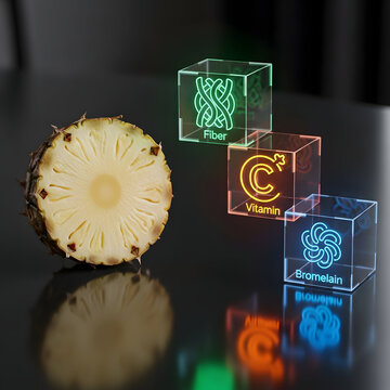 Fresh pineapple with fiber, vitamin C, and bromelain supplement cubes on reflective black surface with glowing light